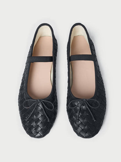 Black Woven Vegan Leather Round-Toe Front Bow And Middle Strap Ballet Flats