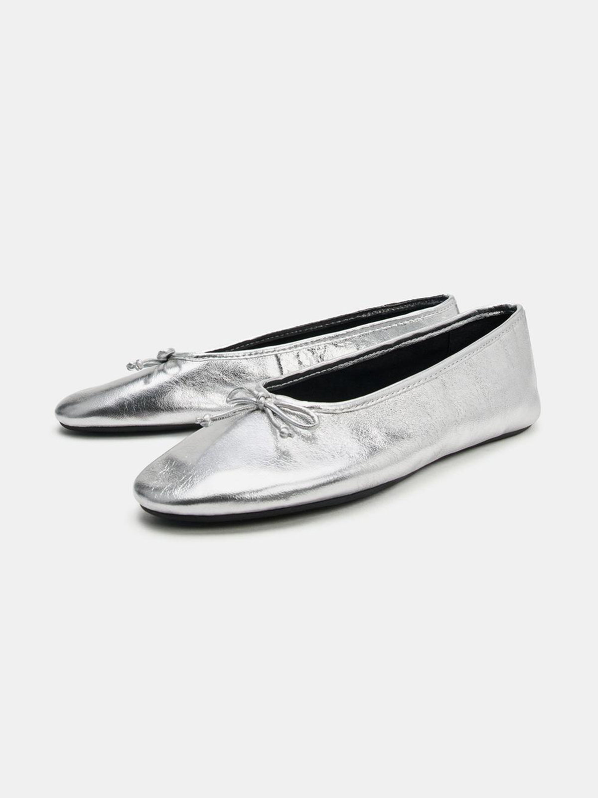 Metallic Silver Square-Toe Chic Front Bow Slip-On Classic Ballet Flats