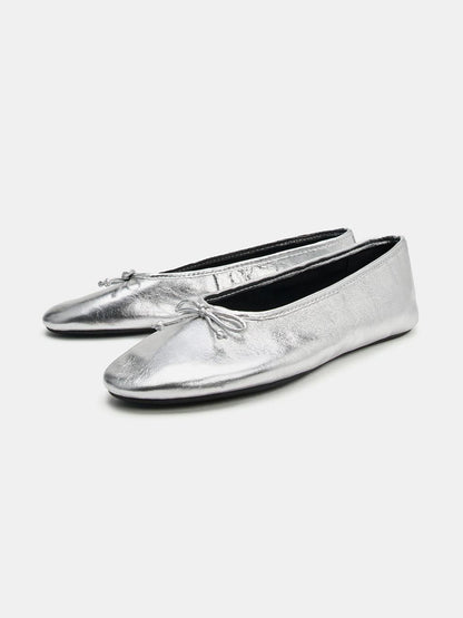 Metallic Silver Square-Toe Chic Front Bow Slip-On Classic Ballet Flats