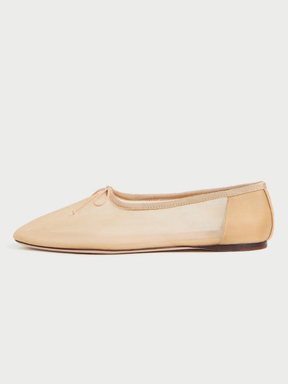 Tan Mesh Round-Toe Chic Front Bow Slip-On Ballet Flats