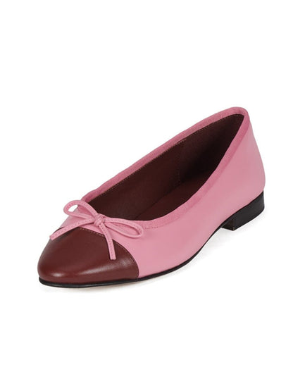 Pink and Wine Red Round-Toe Front Bow Slip-On Ballet Flats