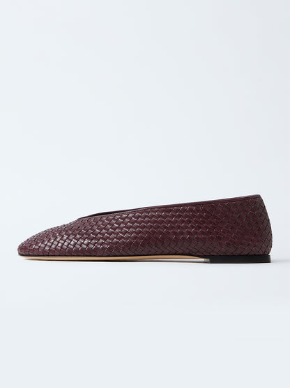 Deep Mahogany Woven Vegan Leather Round-Toe Slip-On Ballet Flats