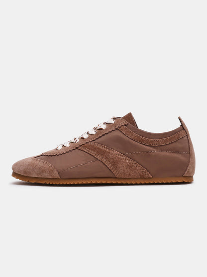 Taupe Cow Suede And Cloth Square-Toe Lace-Up Classic Flats Sneakers