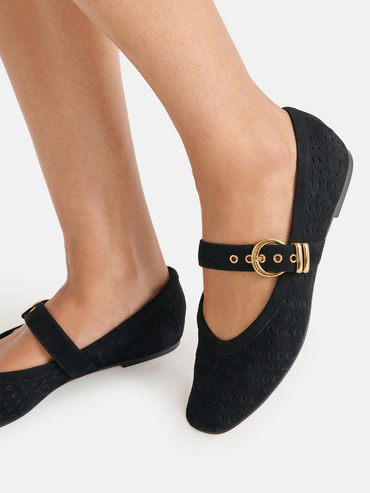 Chocolate Perforated Faux Suede Square-Toe Middle Strap Ballet Flats