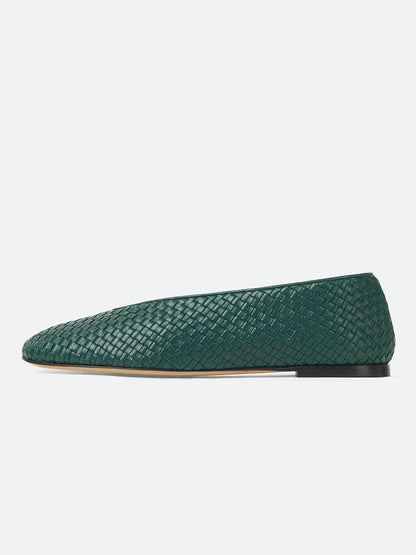 Green Woven Vegan Leather Round-Toe Slip-On Ballet Flats