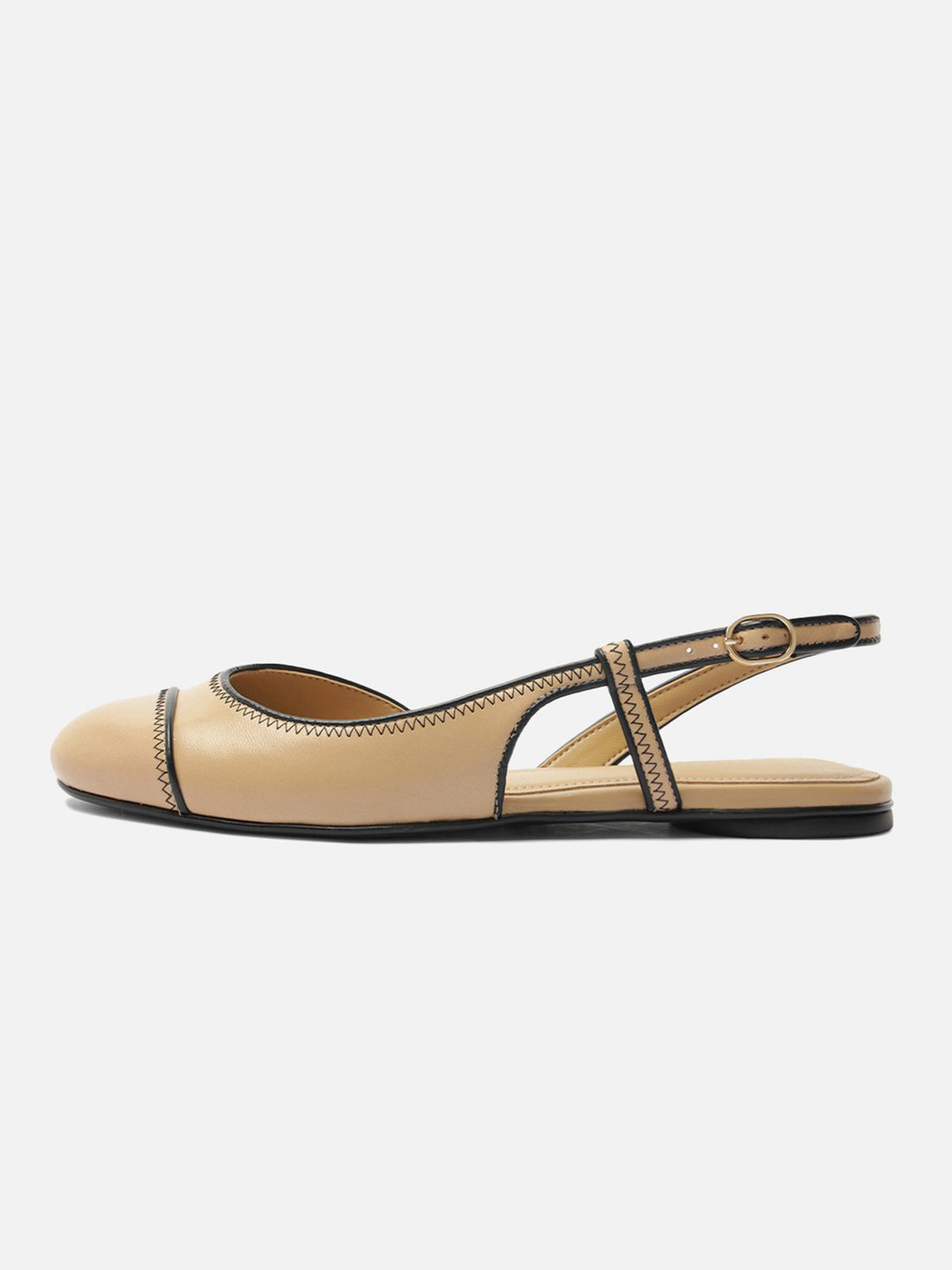 Tan Round-Toe Buckle Back Strap Chic Slip-On Flats