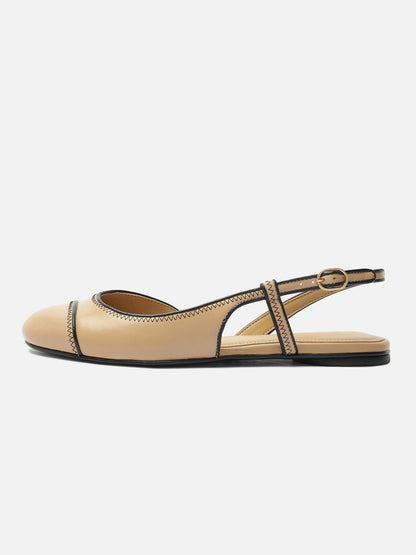 Tan Round-Toe Buckle Back Strap Chic Slip-On Flats