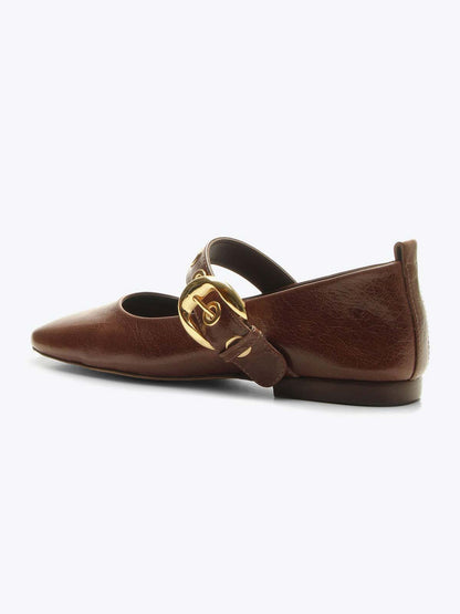 Maroon Square-Toe Buckle Wide Mary Jane Strap Ballet Flats