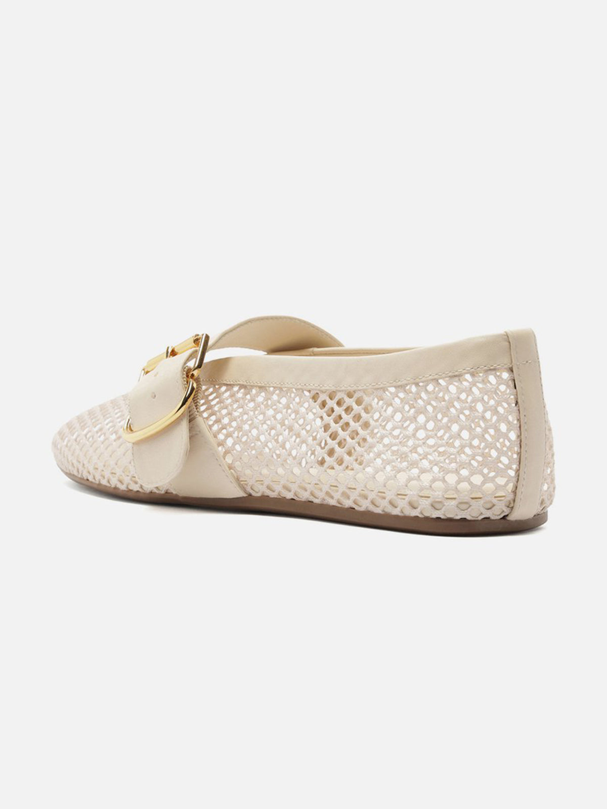 Ivory Mesh Round-Toe Buckle Wide Strap Slip-On Ballet Flats