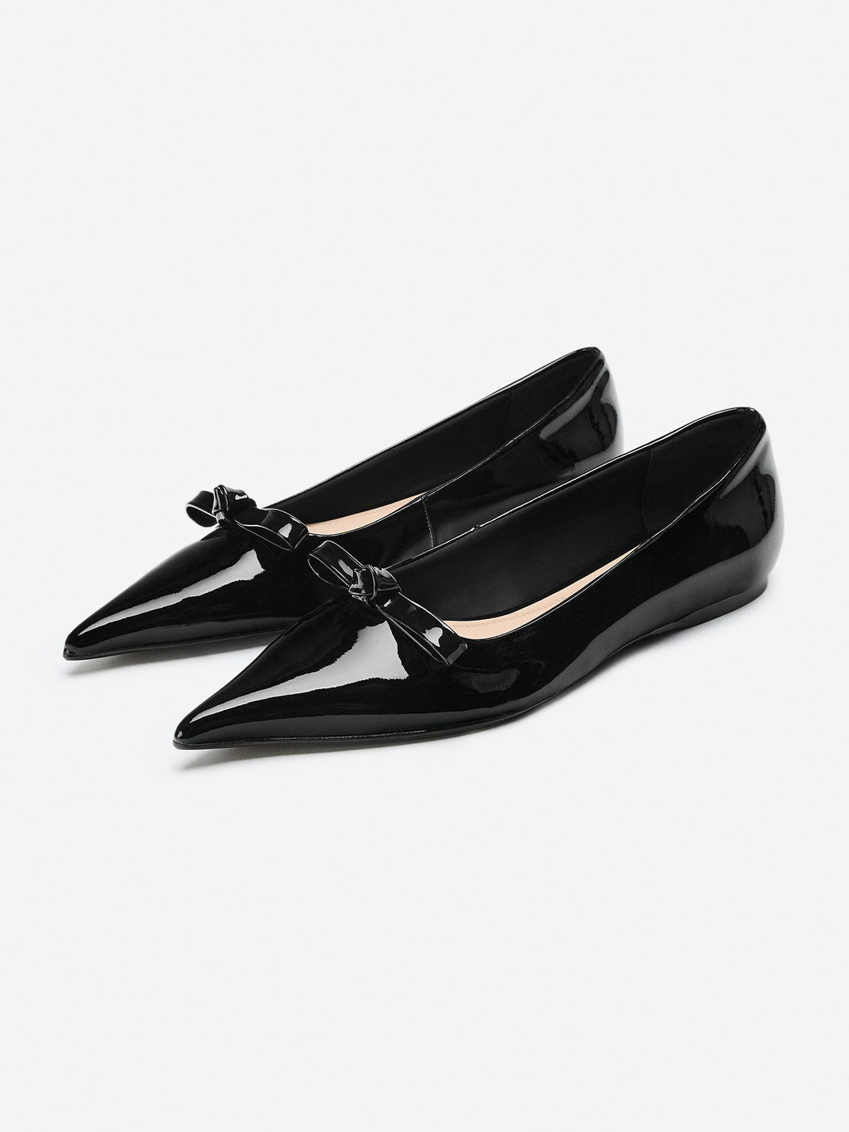 Black Patent Leather Pointed-Toe Front Bow Slip-On Flats