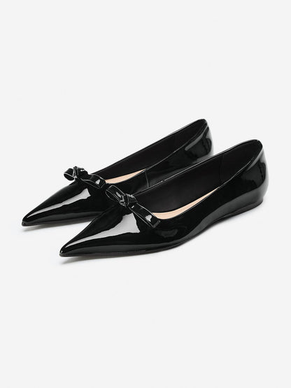 Black Patent Leather Pointed-Toe Front Bow Slip-On Flats