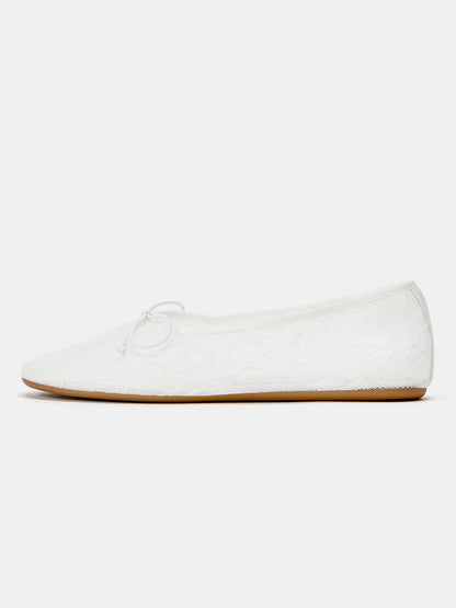 White Lace Mesh Round-Toe Front Bow Slip-On Ballet Flats