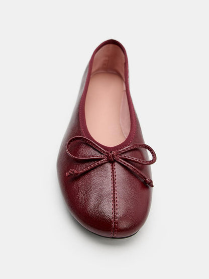 Burgundy Square-Toe Chic Front Bow Slip-On Classic Ballet Flats