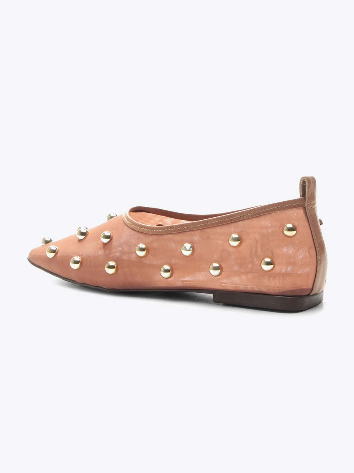 Beige Mesh Square-Toe Full Gold Studs Slip-On Ballet Flats