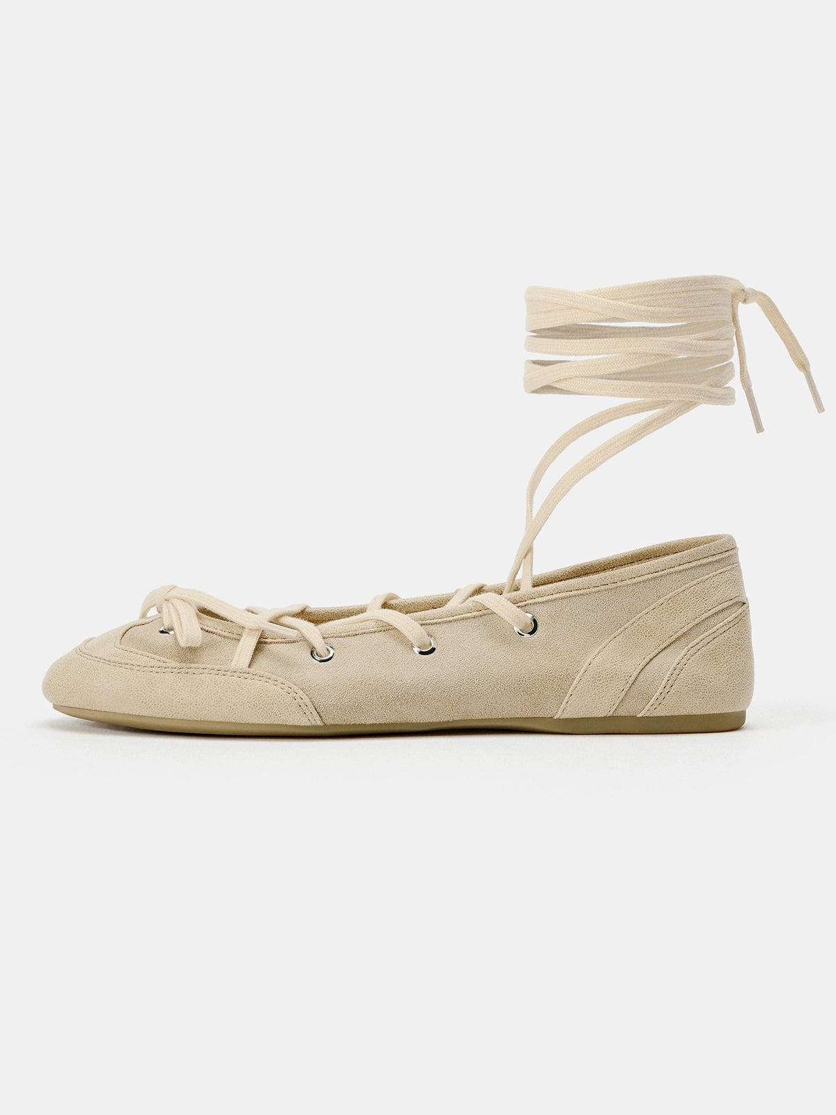Beige  Round-Toe Front Bow And Lace-Up Sporty Ballet Flats