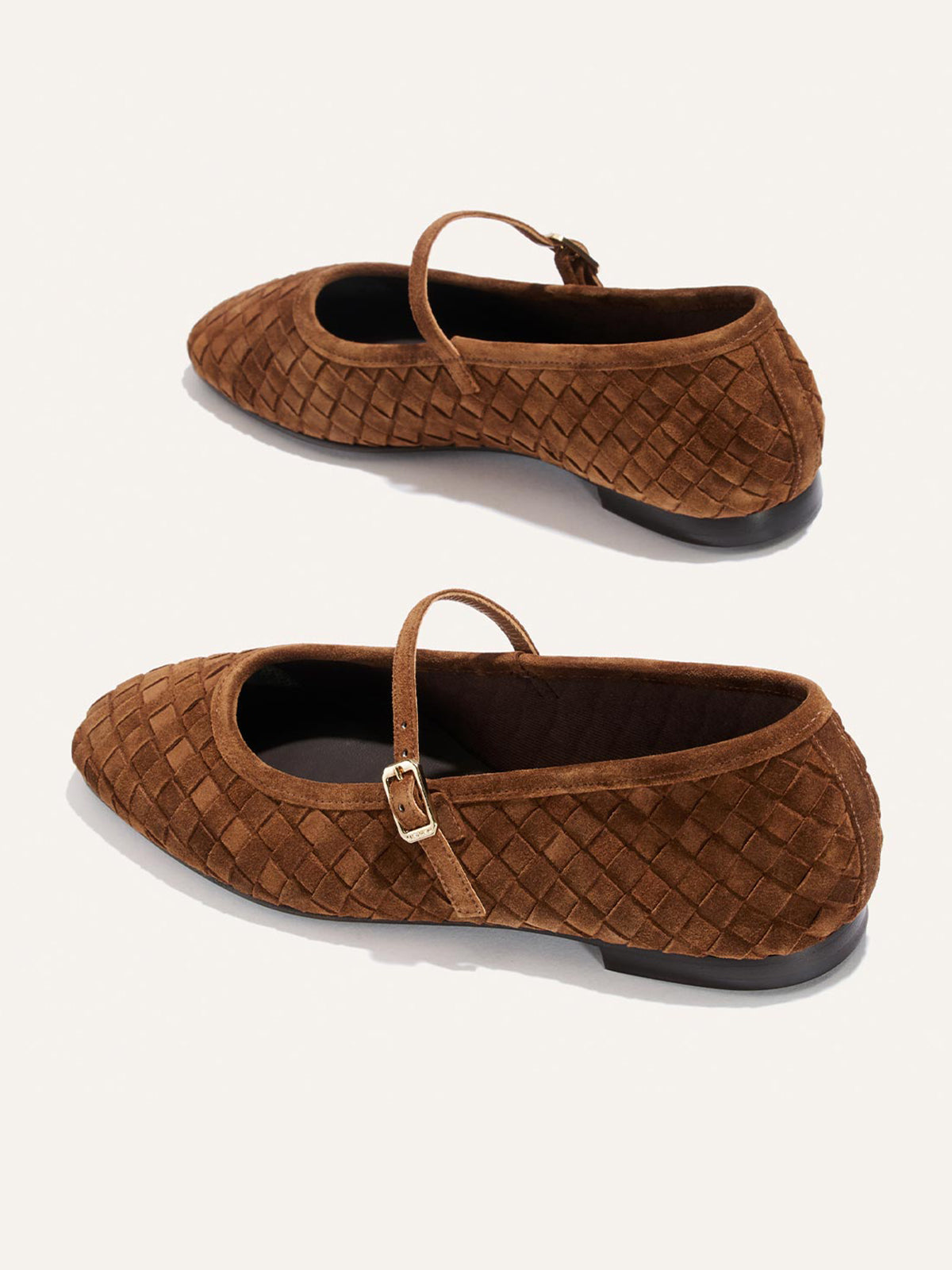 Brown Woven Faux Suede Square-Toe Mary Jane Chic Ballet Flats