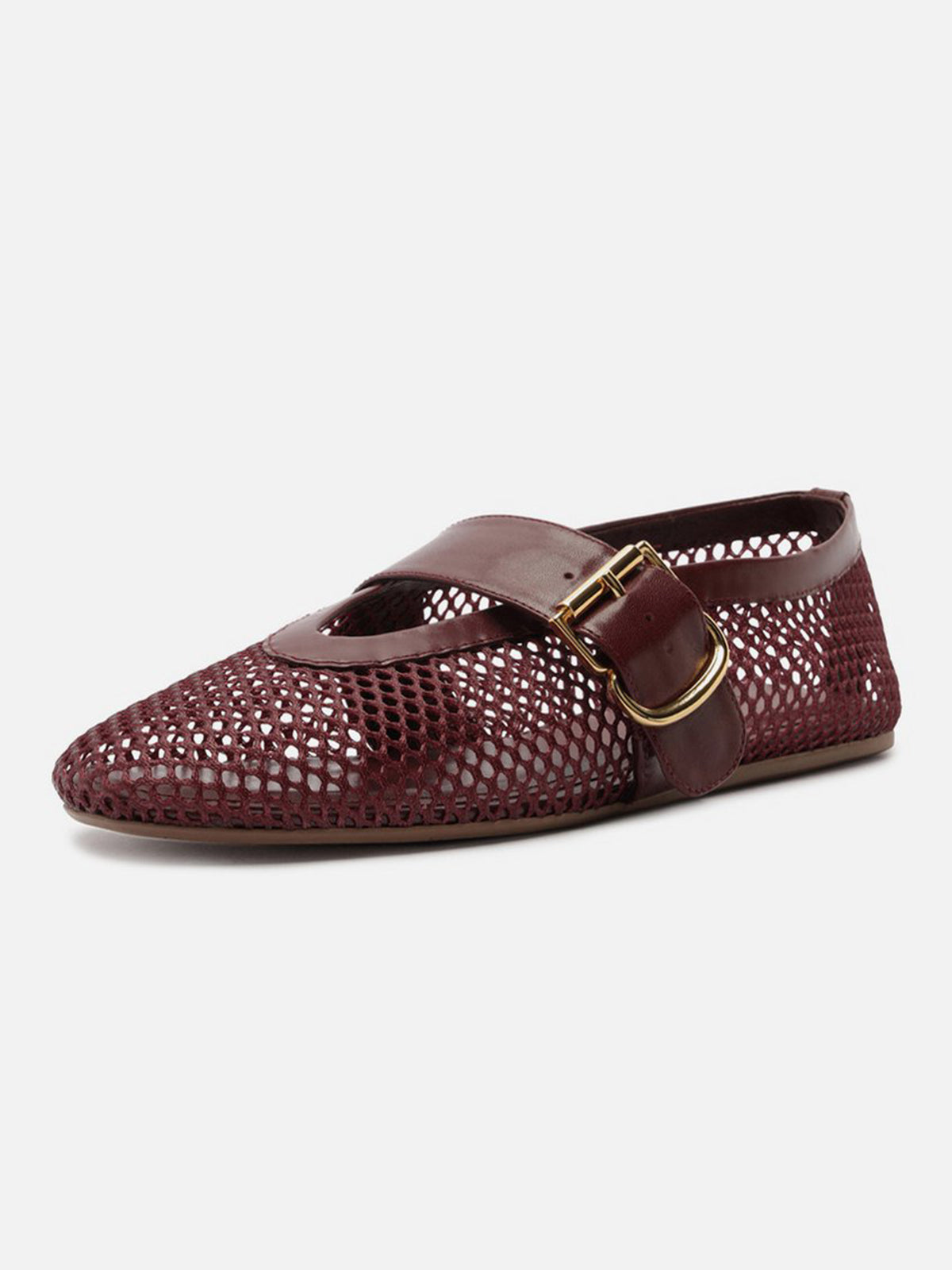 Dark Brown Mesh Round-Toe Buckle Wide Strap Slip-On Ballet Flats