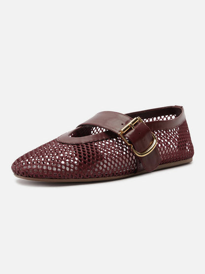Dark Brown Mesh Round-Toe Buckle Wide Strap Slip-On Ballet Flats