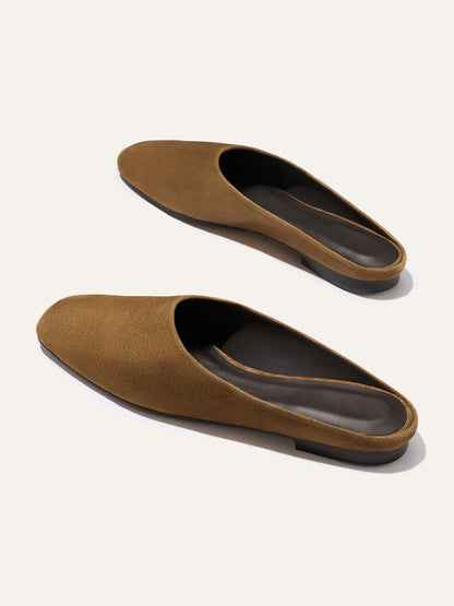 Backless Square-Toe Slip-On Chic Flats - Dark Tan Faux Suede