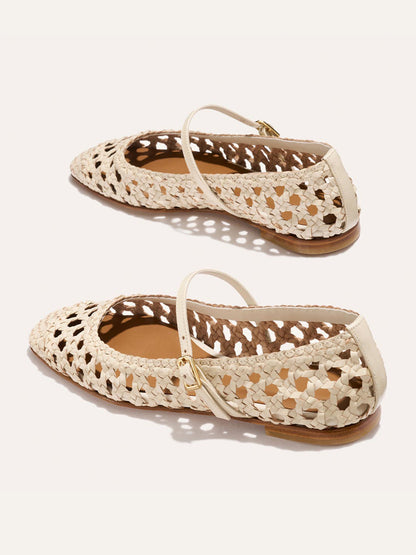 Cream Woven Vegan Leather Square-Toe Mary Jane Chic Ballet Flats