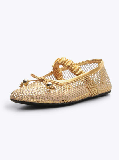 Metallic Gold Mesh Round-Toe Front Bow And Elastic Mary Jane Ballet Flats