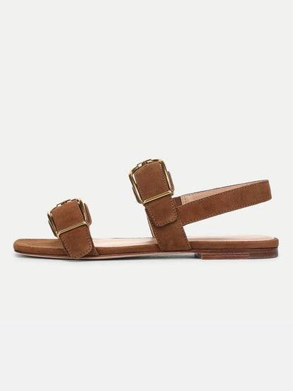 Brown Faux Suede Square-Toe Double Buckle Straps Sandal Flats