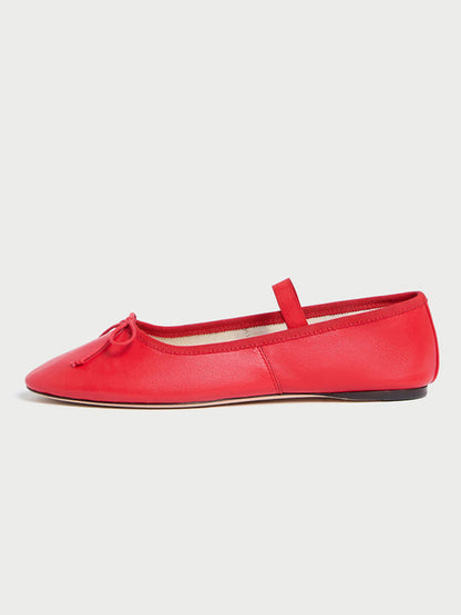 Red Vegan Leather Round-Toe Mary Jane Front Bow Ballet Flats