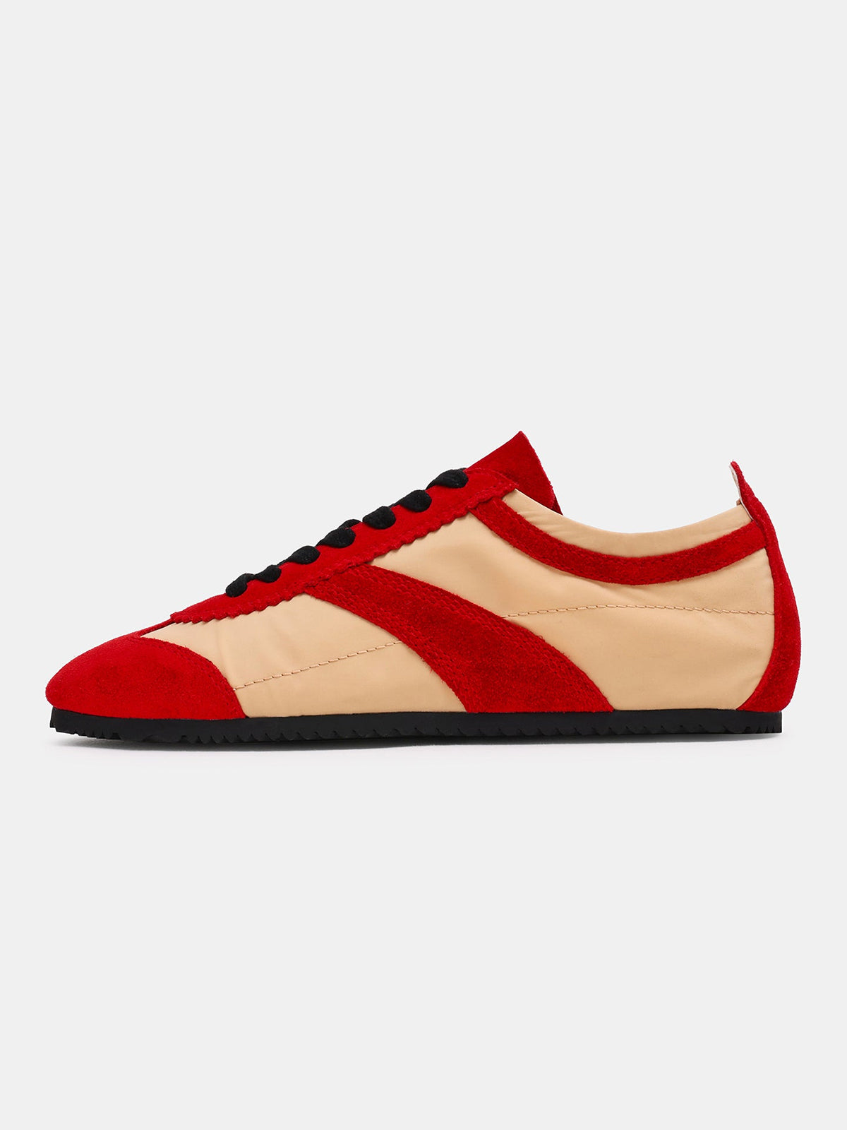 Red And Bone Cow Suede And Cloth Square-Toe Lace-Up Classic Flats Sneakers