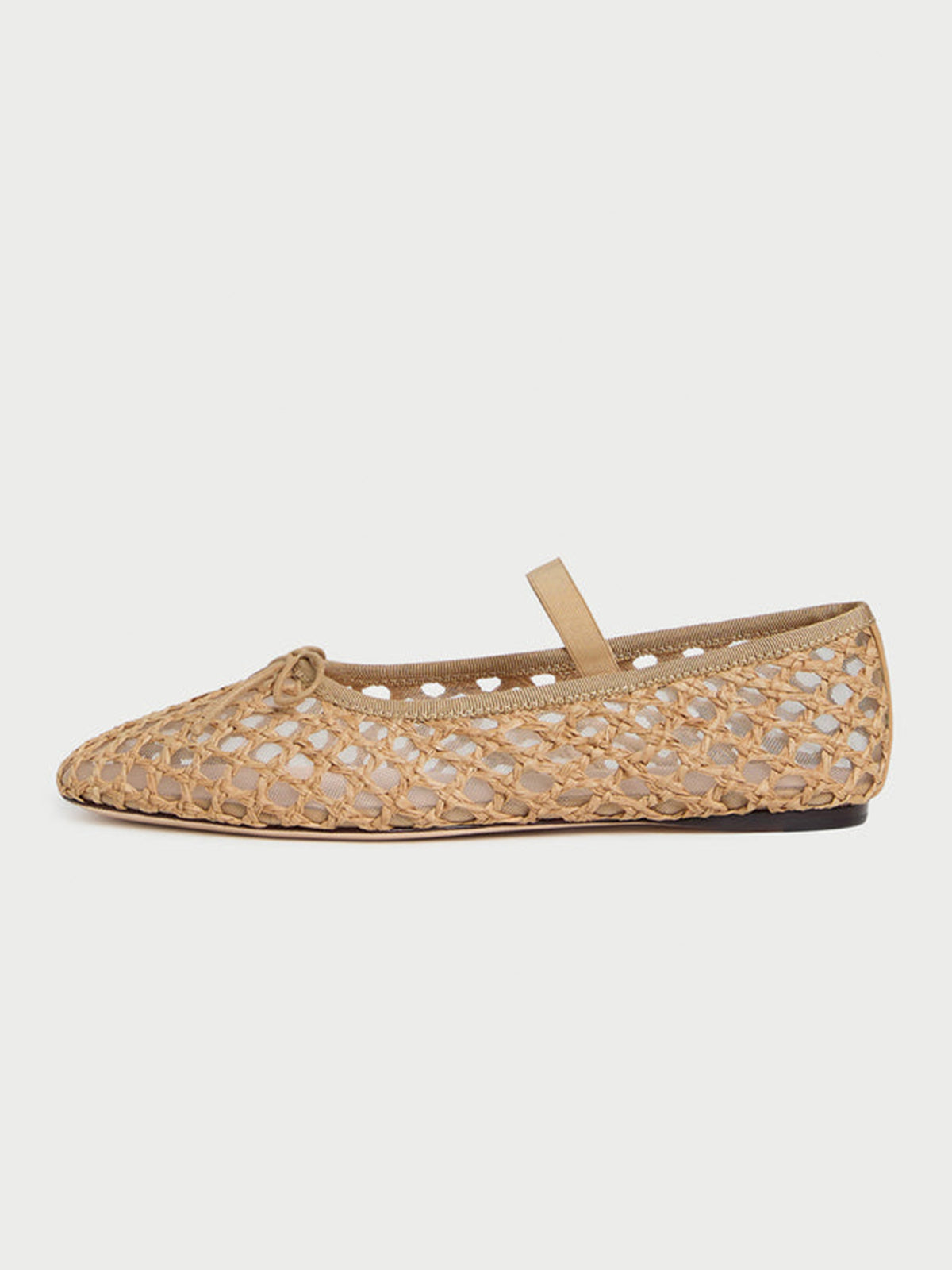 Brown Woven And Mesh Round-Toe Front Bow And Middle Strap Ballet Flats