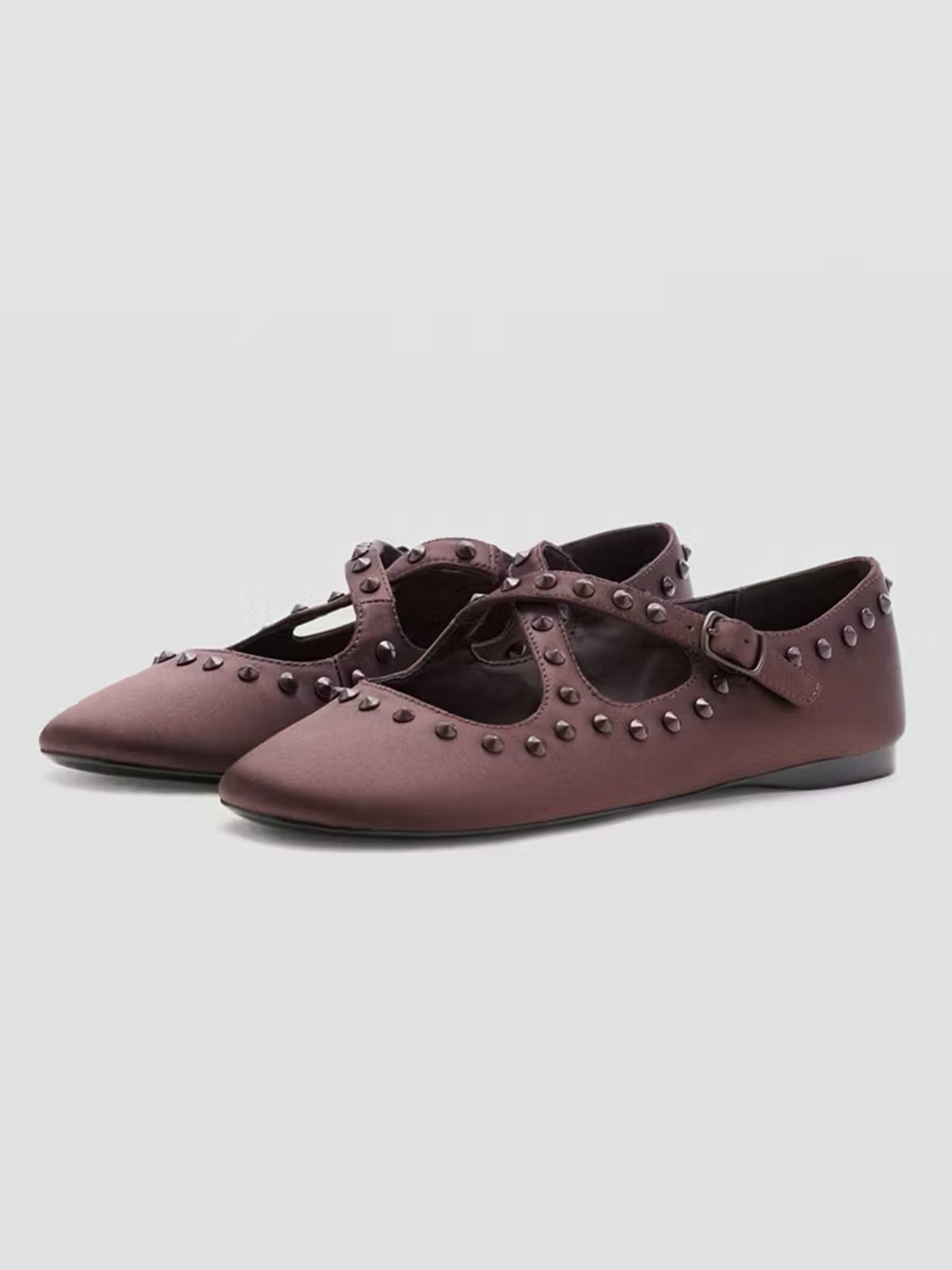 Chocolate Satin Round-Toe Middle Crossed Straps And Studs Flats