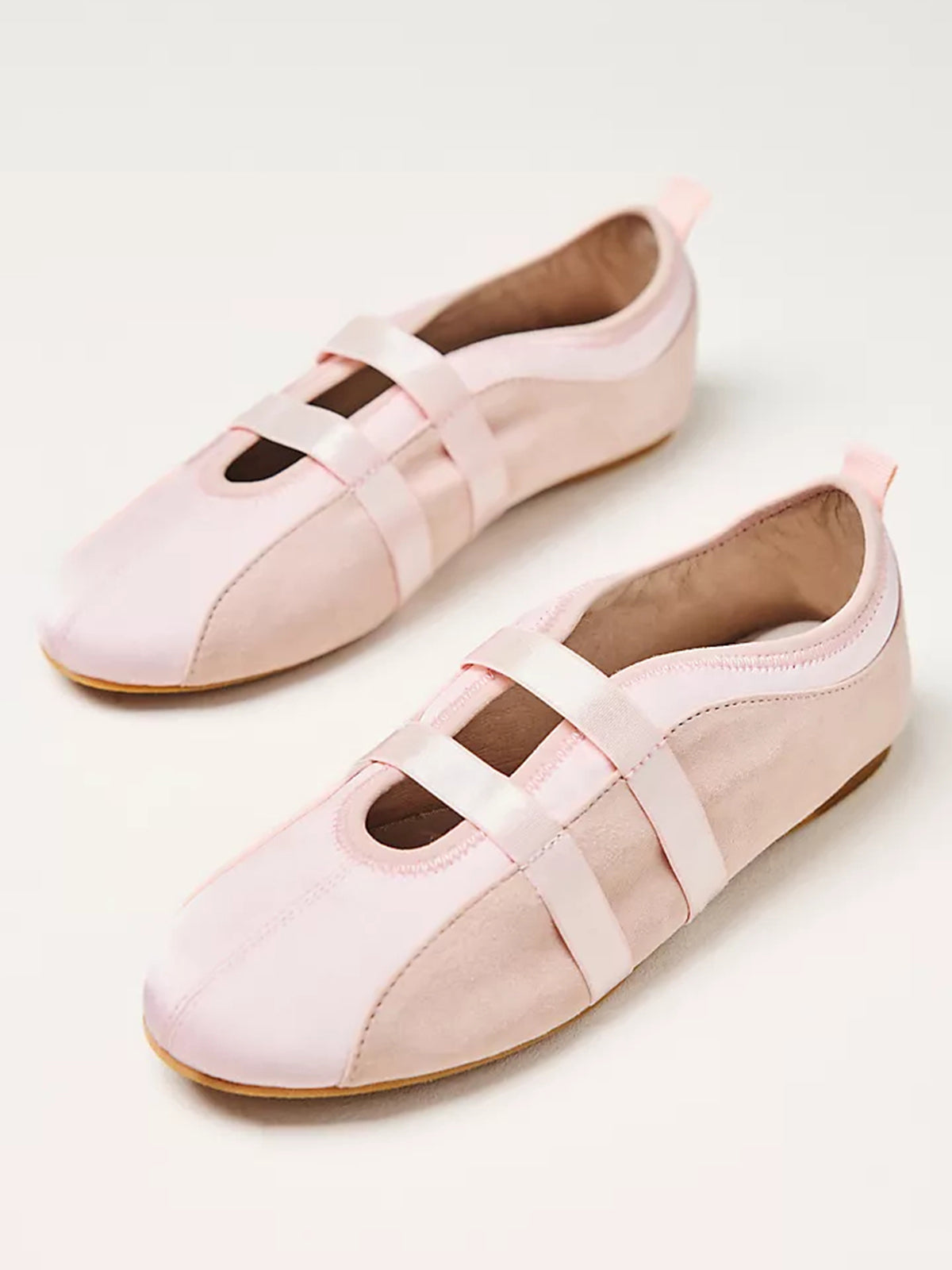Pink Faux Suede And Satin Round-Toe Double Middle Strap Sporty Ballet Sneakers