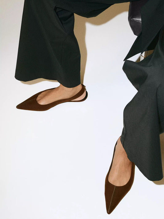 Chocolate Faux Suede Pointed-Toe Buckle Back Strap Chic Flats