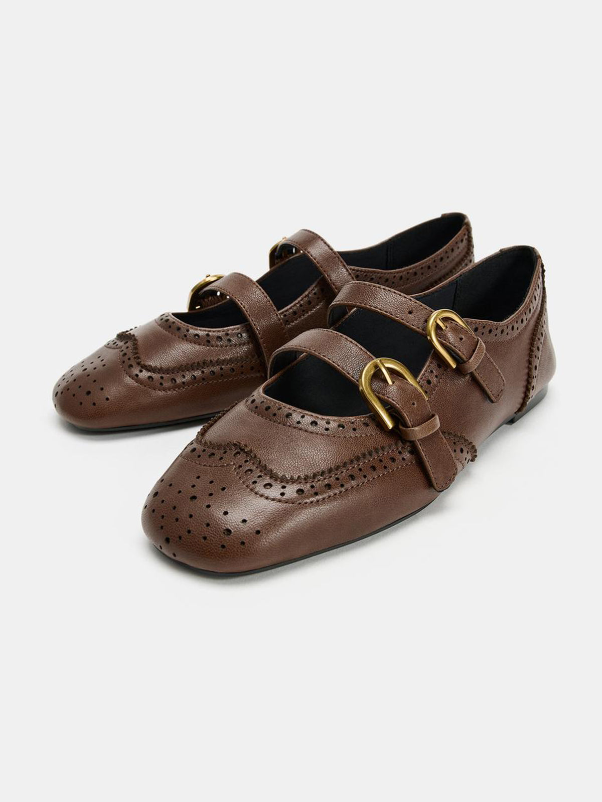 Brown Square-Toe Double Middle Straps With Buckle Chic Ballet Flats