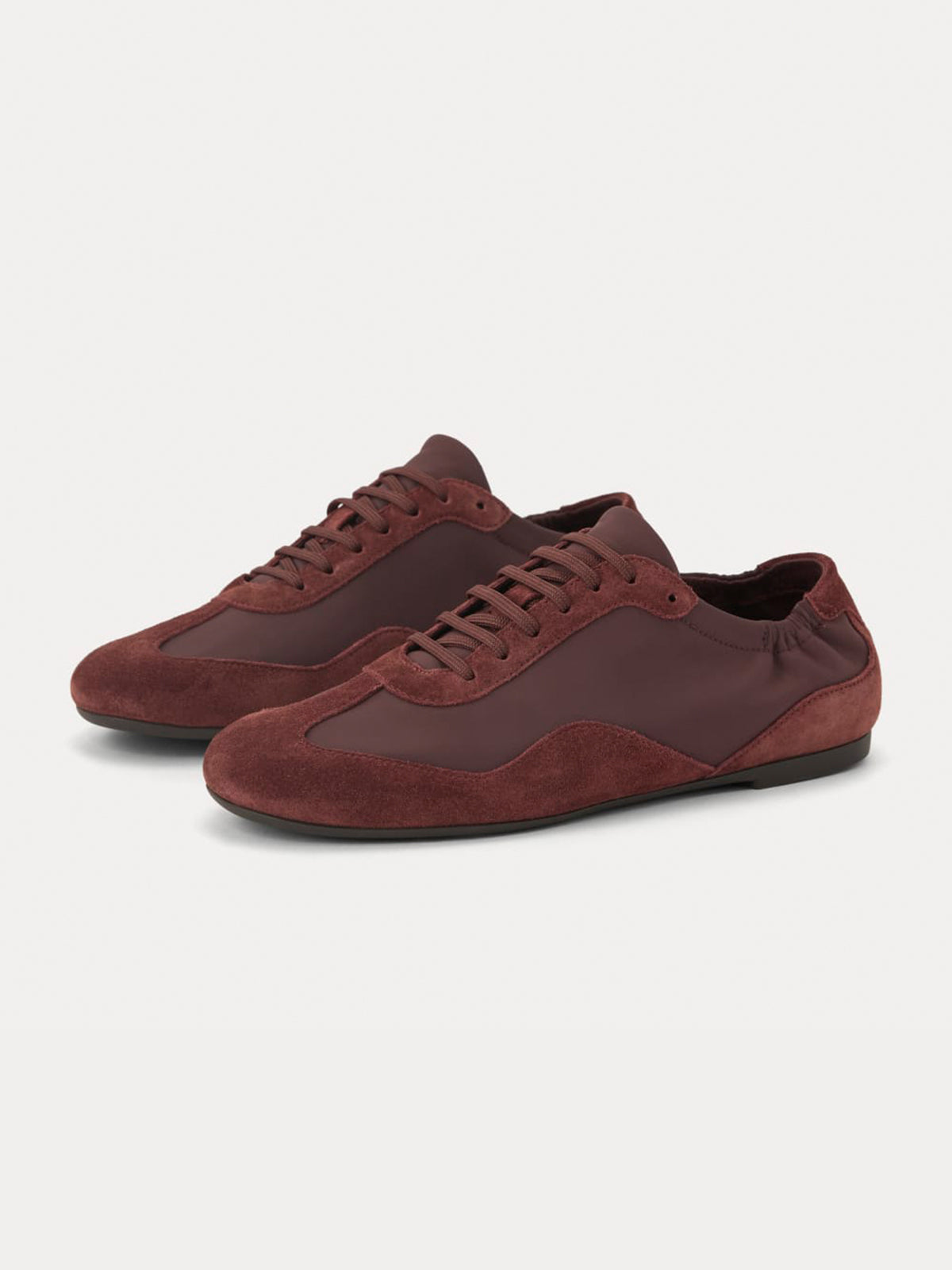 Burgundy Faux Suede And Cloth Round-Toe Lace-Up Ballet Sneakers