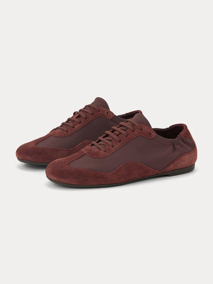 Burgundy Faux Suede And Cloth Round-Toe Lace-Up Ballet Sneakers