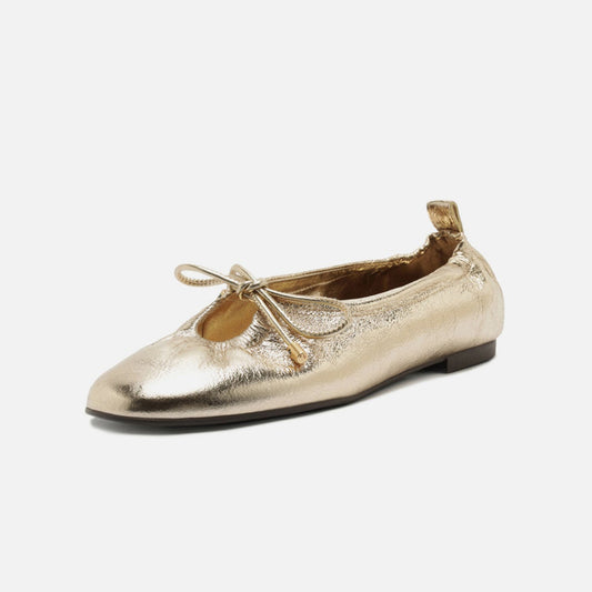 Metallic Gold Round-Toe Front Strap Fashion Slip-On Ballet Flats
