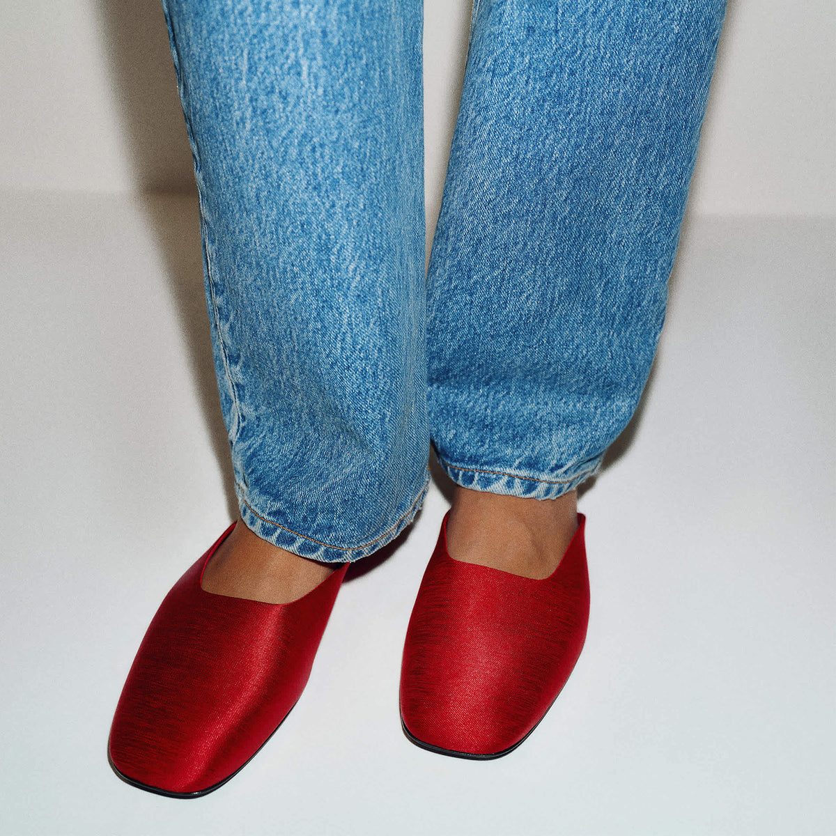 Slip-On Square-Toe Backless Mules Flats - Red Satin