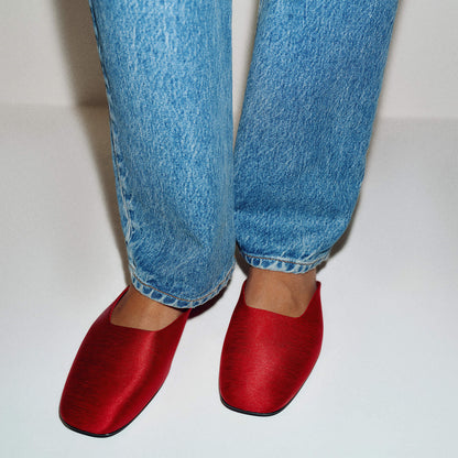 Slip-On Square-Toe Backless Mules Flats - Red Satin
