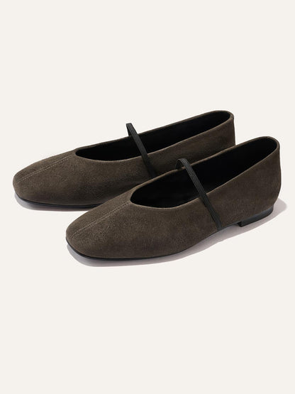 Mary Jane Square-Toe Slip-On Chic Ballet Flats - Dark Coffee Faux Suede