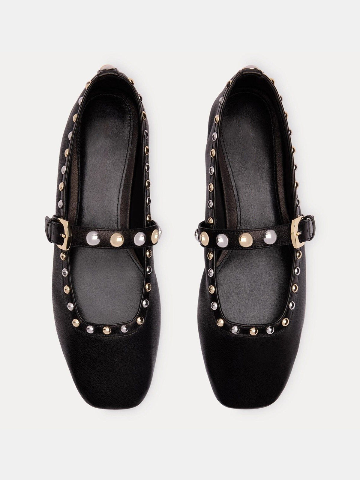 Black Square-Toe Buckle Middle Strap And Studs Flats