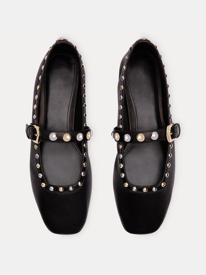 Black Square-Toe Buckle Middle Strap And Studs Flats