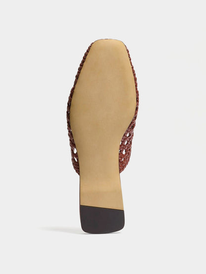 Woven Vegan Leather Square-Toe Cutout Backless Flats - Brown