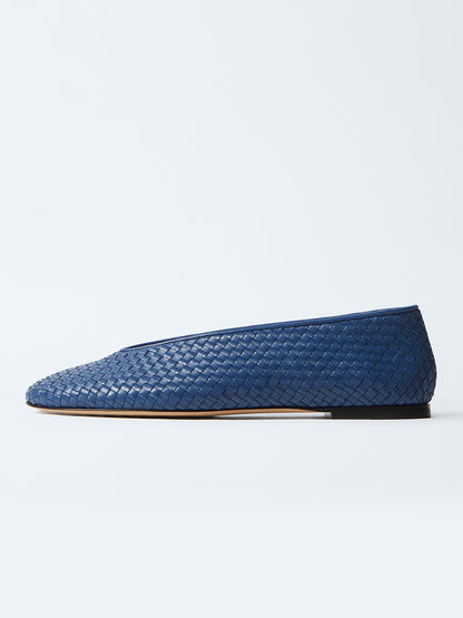 Blue Woven Vegan Leather Round-Toe Slip-On Ballet Flats