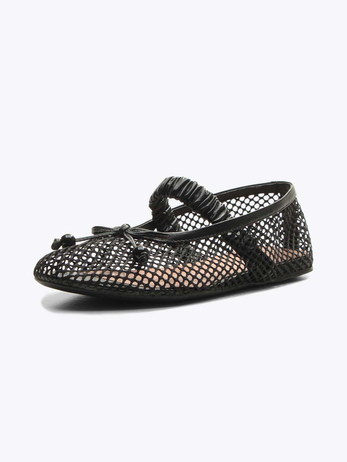 Black Mesh Round-Toe Front Bow And Elastic Mary Jane Ballet Flats