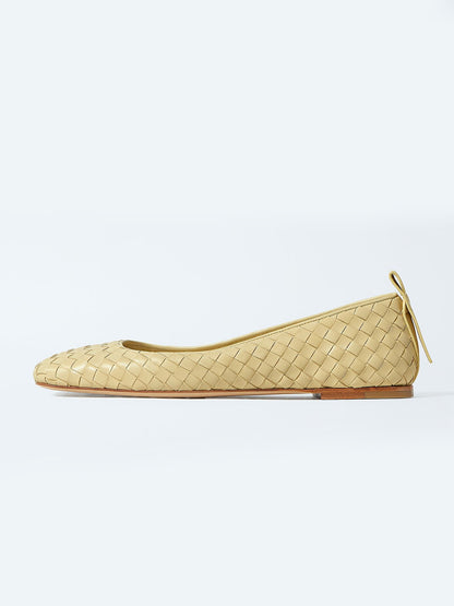 Yellow Woven Vegan Leather Square-Toe Classic Slip-On Ballet Flats