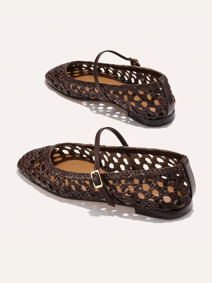 Coffee Woven Vegan Leather Square-Toe Mary Jane Chic Ballet Flats
