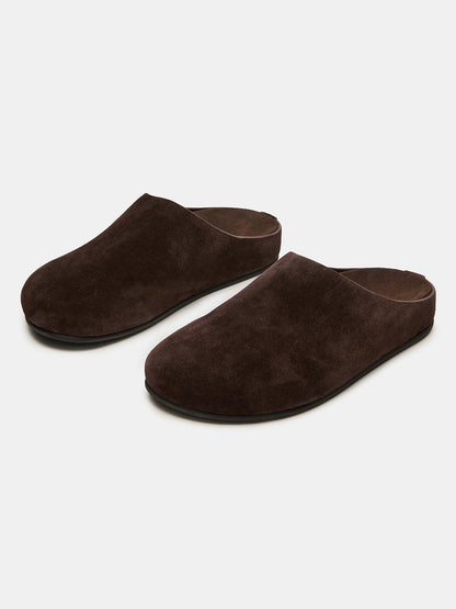 Brown Faux Suede Round-Toe Slip-On Flats Slide