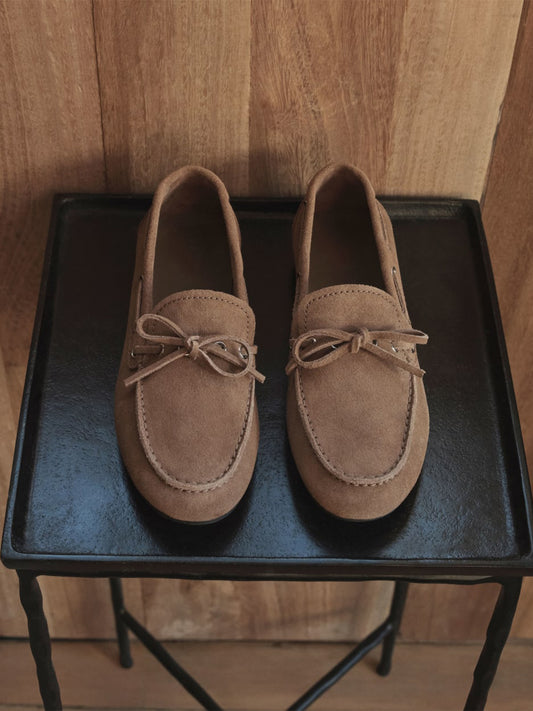 Brown Faux Suede Round-Toe Front Bow And Lace Edge With Eyelets Flats
