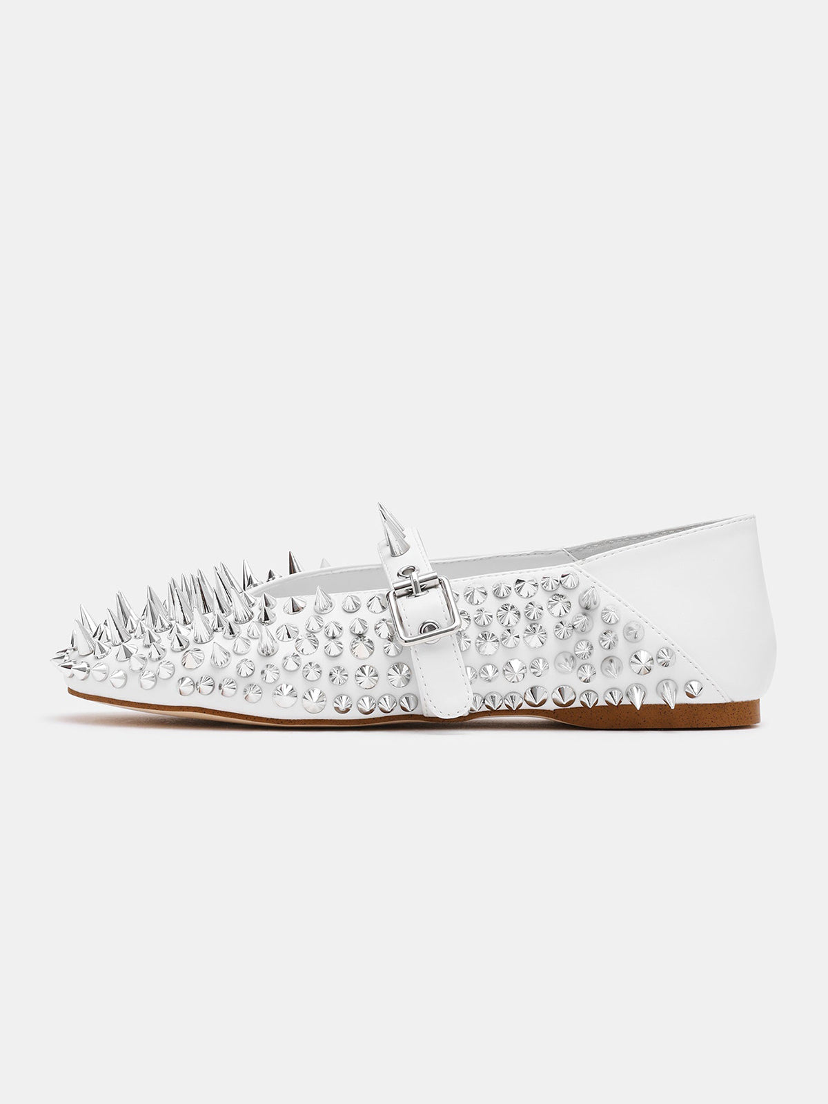 White Round-Toe Full Rivet And Middle Strap Chic Ballet Flats