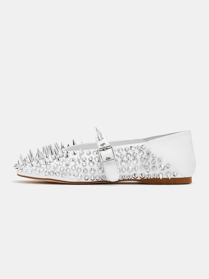 White Round-Toe Full Rivet And Middle Strap Chic Ballet Flats